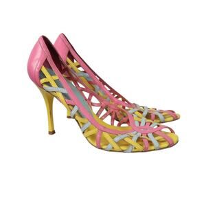 Vintage Y2K BCBGirls Pink and Yellow Leather Cut-Out Peep Toe Heel Pumps 7.5
